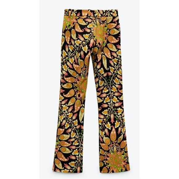 Zara Jacquard Floral Tropical Print Flare Mid Rise Stretch Trouser Pants - Picture 4 of 13